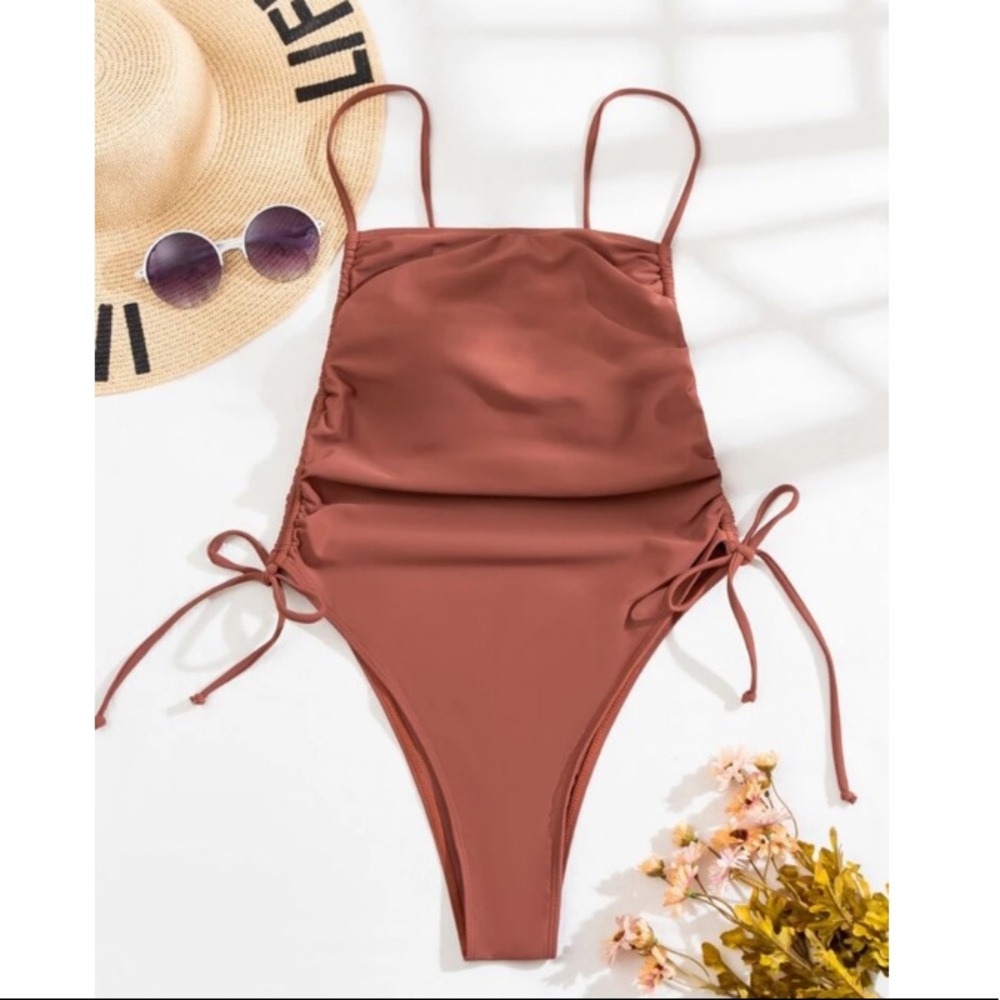 Rust side tie drawstring monokini - Picture 3 of 14